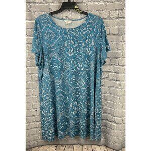 CJ Banks Blue Paisley Round-Neck Short Sleeve  Shift Dress - Women's 2X